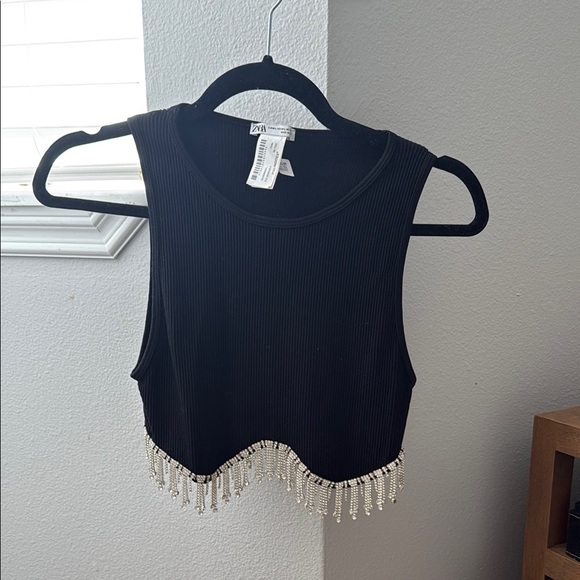 Zara Tops - Zara Black Tank Top with Beaded Hem